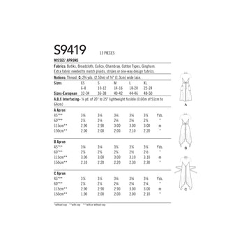 Simplicity Misses' Aprons S9419 - Sewing Pattern