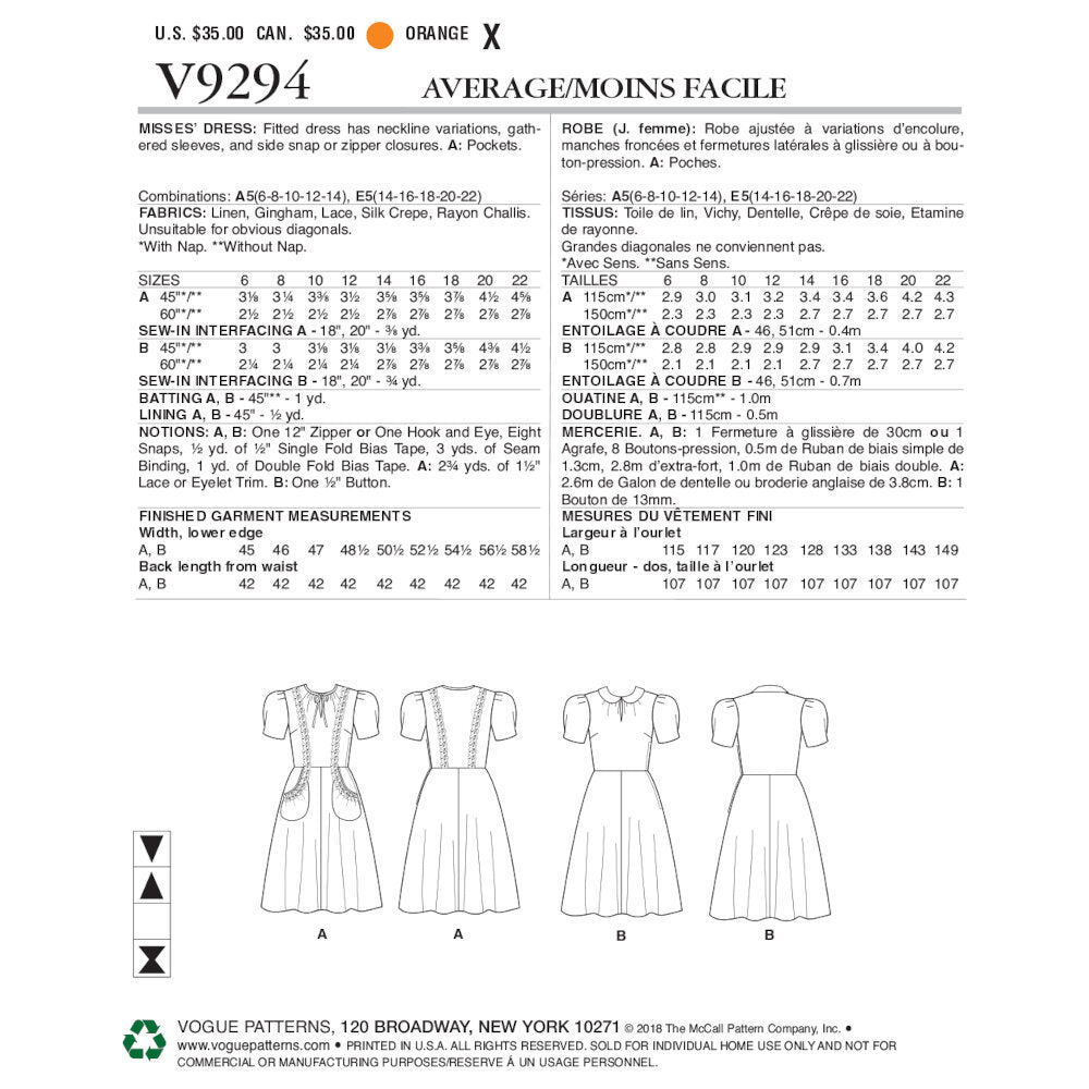 Vogue Misses' Dress V9294 - Sewing Pattern