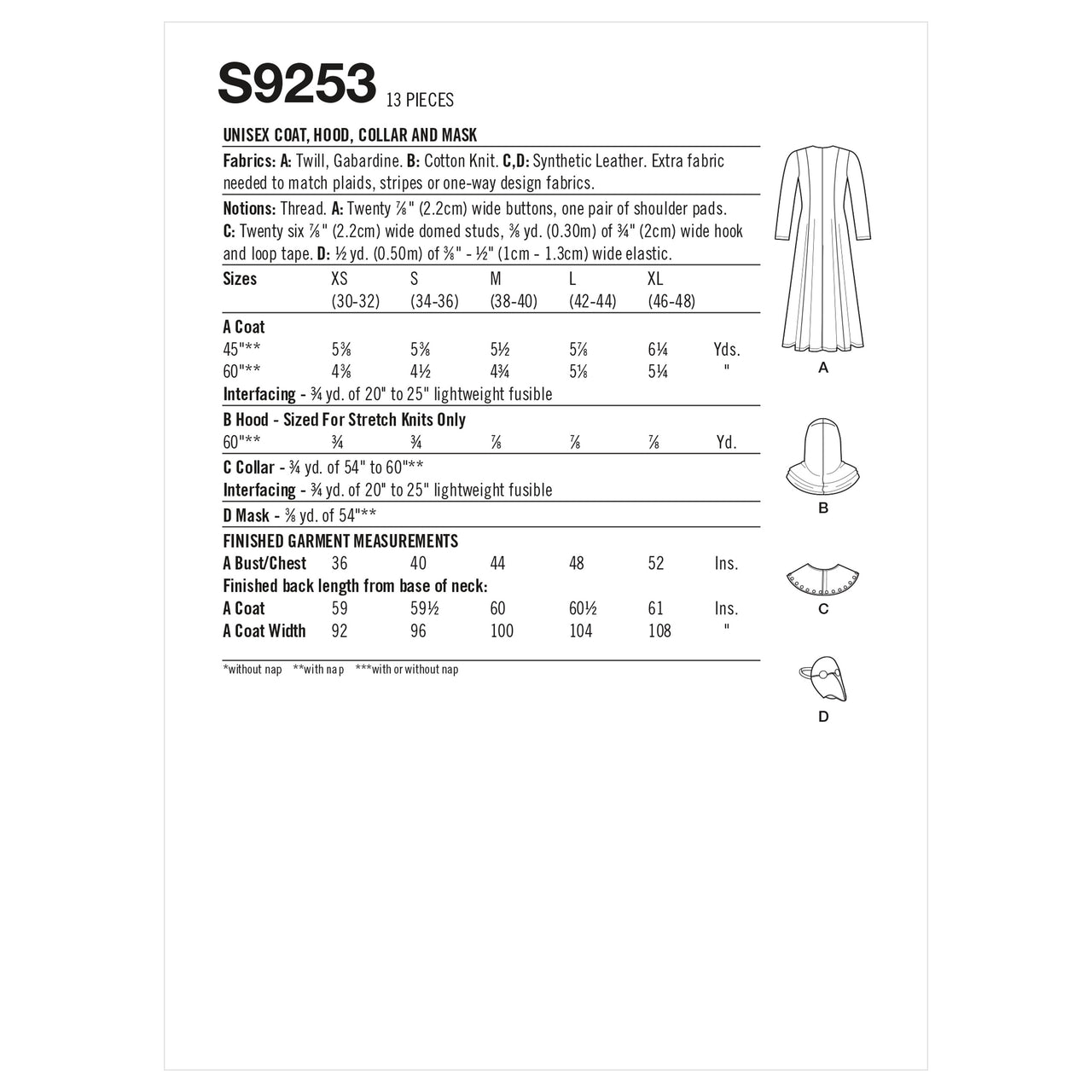 Simplicity Unisex Coat, Hood, Collar & Mask S9253 - Paper Pattern, Size A (XS-S-M-L-XL)