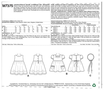 McCall's Children's/Girls' Sleeveless Dress, Puff Sleeve Overdress and Headband M7375 - Sewing Pattern
