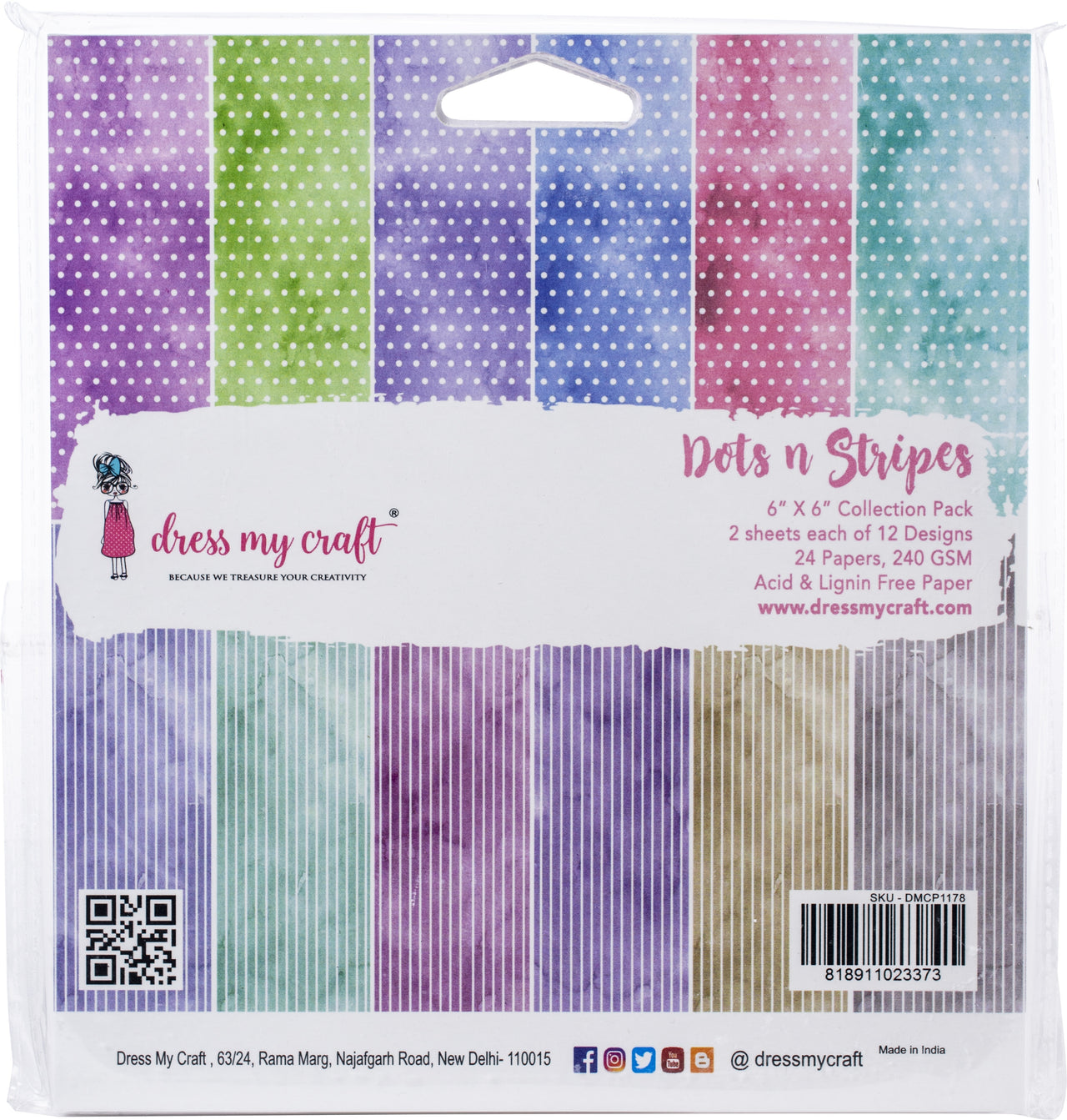 Dress My Crafts Single-Sided Paper Pad 6"X6" 24/Pkg - Dots N Strip, 12 Designs/2 Each