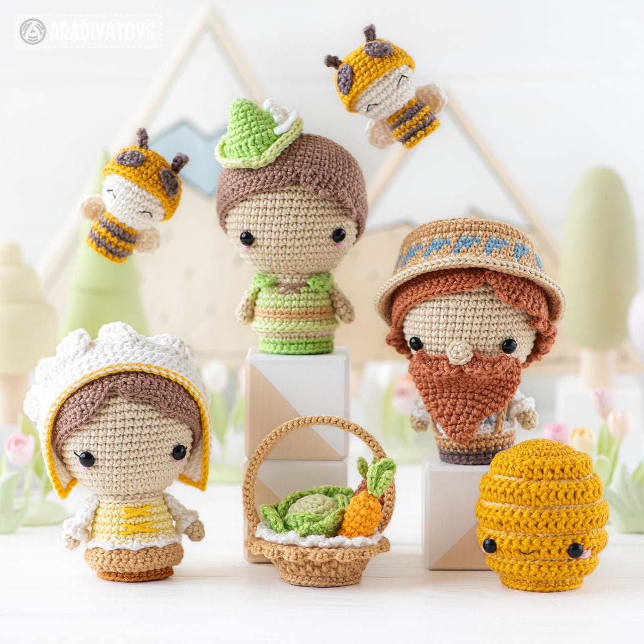 6-in-1 bee farm crochet pattern amigurumi by AradiyaToys mini kingdom beekeeper beehive basket of vegetables DIY handmade tutorial PDF file by AradiyaToys (Olka Novytska)