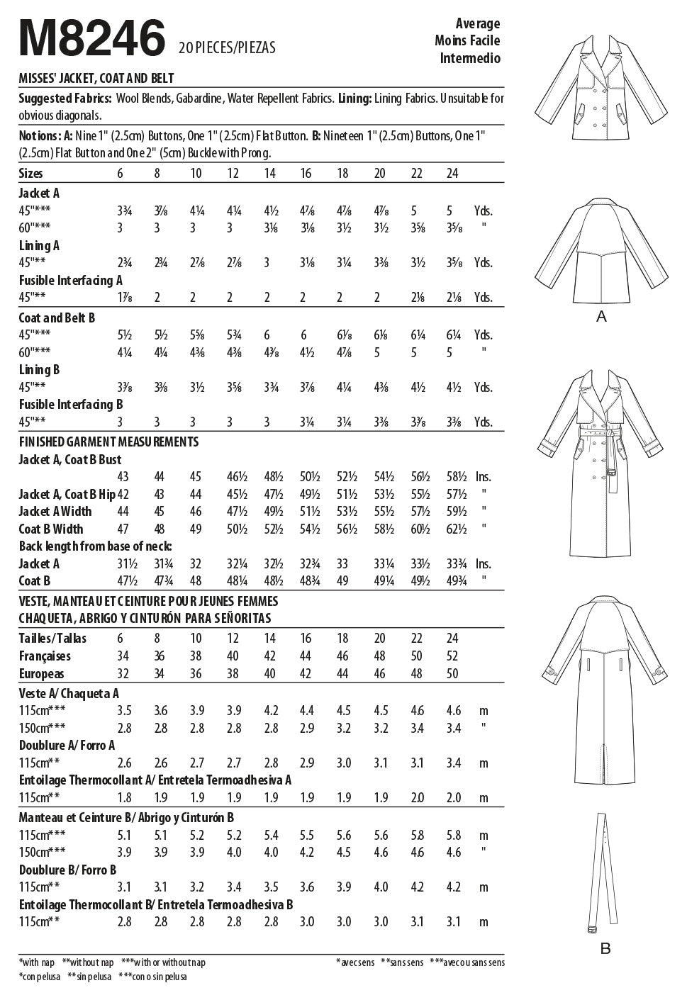 McCall's Misses' Jacket, Coat and Belt M8246 - Sewing Pattern