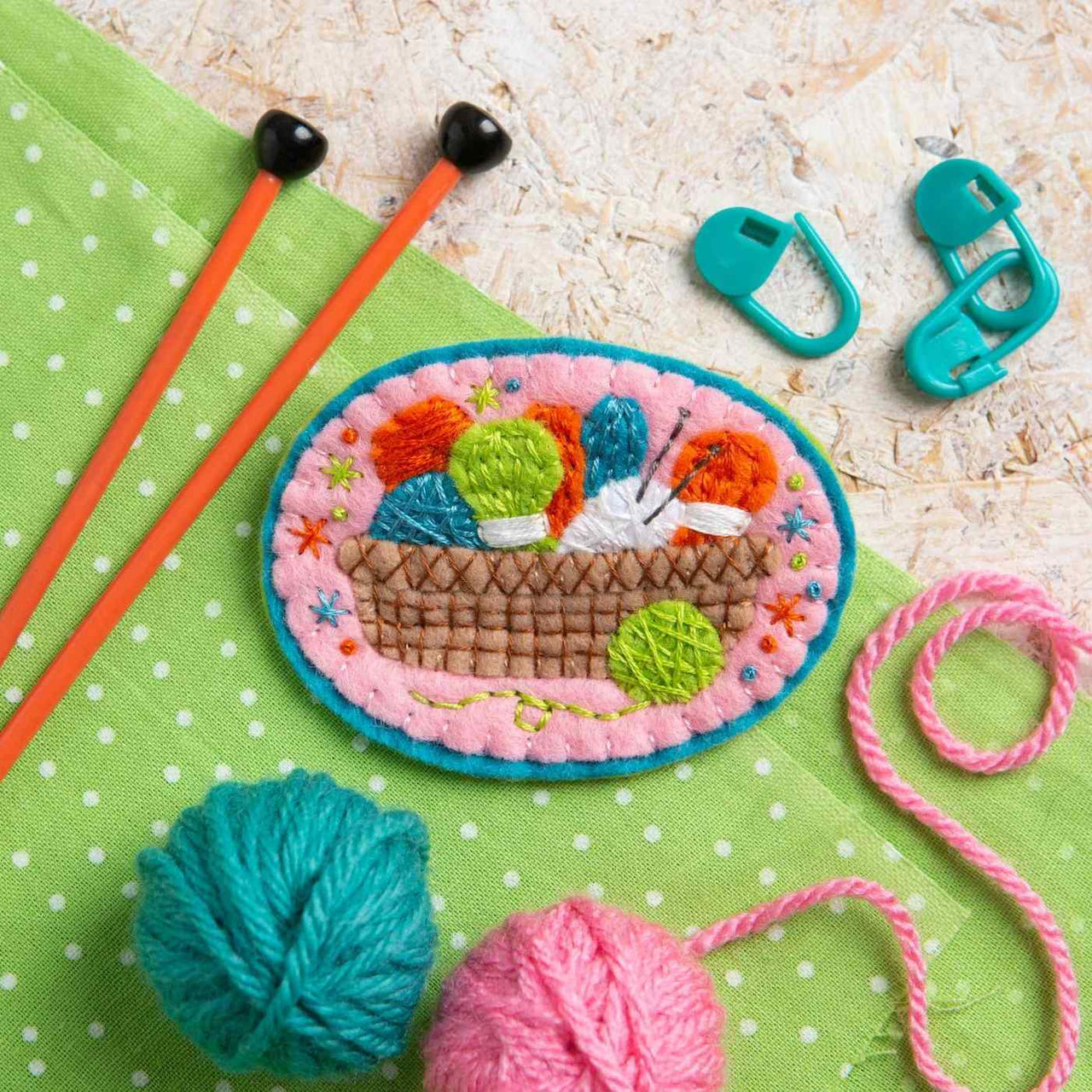 Hawthorn Handmade Knitting Basket Felt Craft Brooch Kit - 8cm