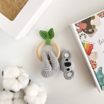 Koala crochet pattern baby rattle toy Amigurumi animal pattern Teething ring Newborn toy
