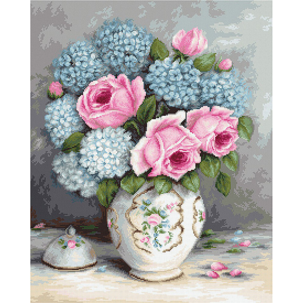 Luca-S Roses and Hydrangeas Cross Stitch Kit - 35cm x 44cm