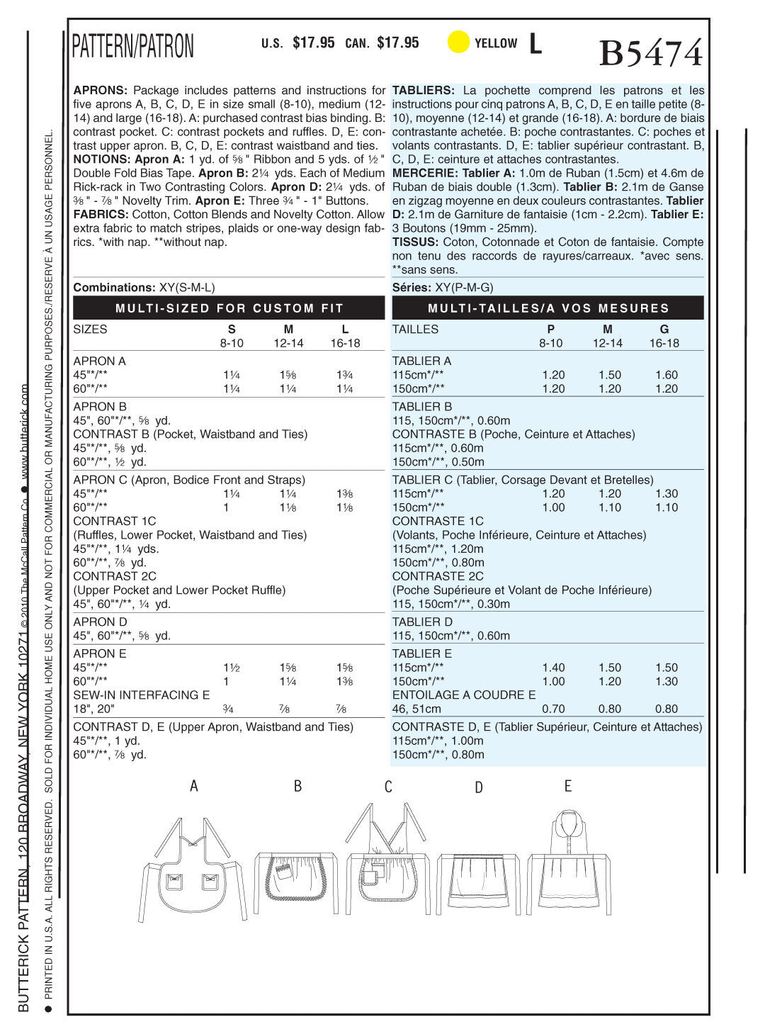 Butterick Aprons B5474 - Sewing Pattern