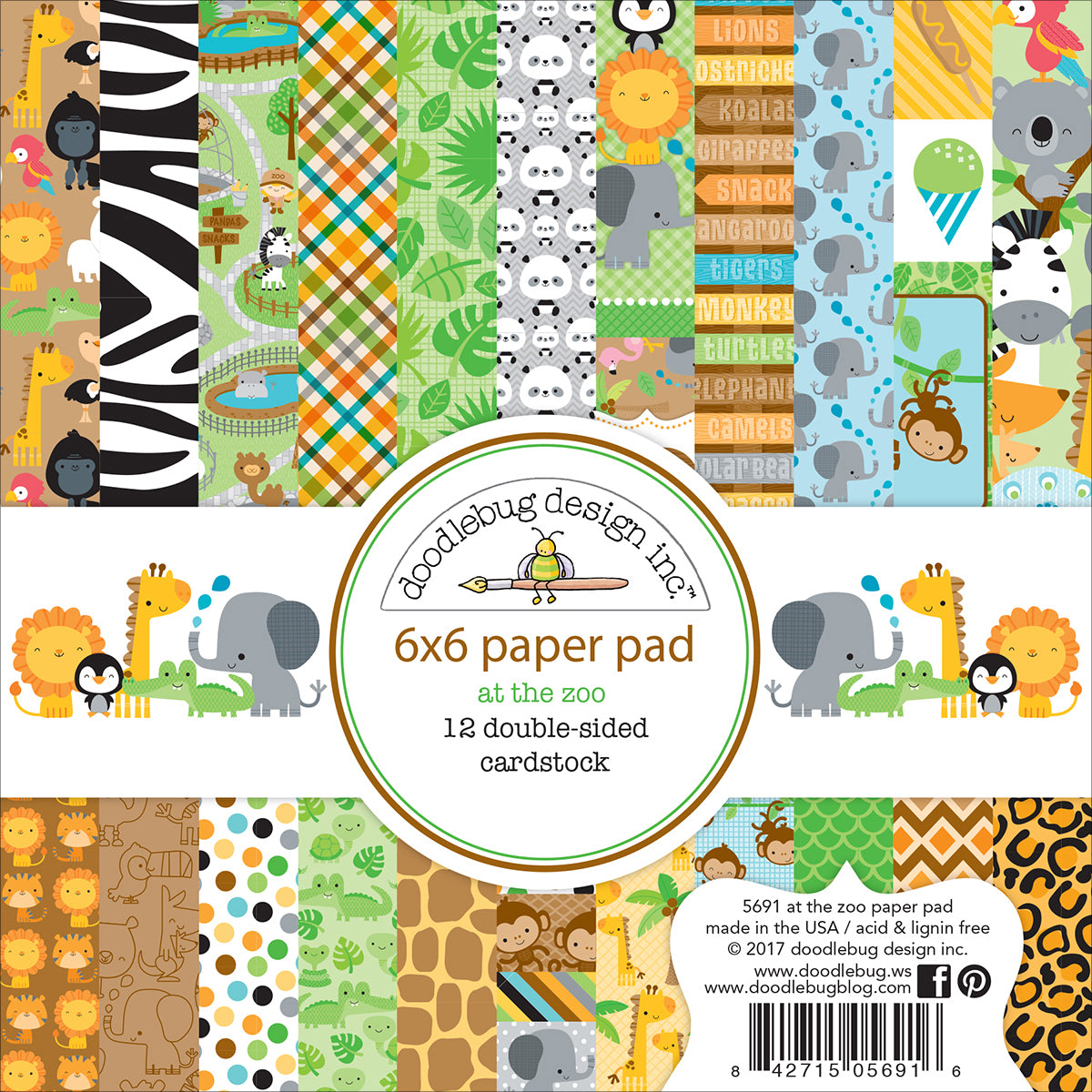 Doodlebug Double-Sided Paper Pad 6"X6" 24/Pkg - At The Zoo, 12 Designs/2 Each