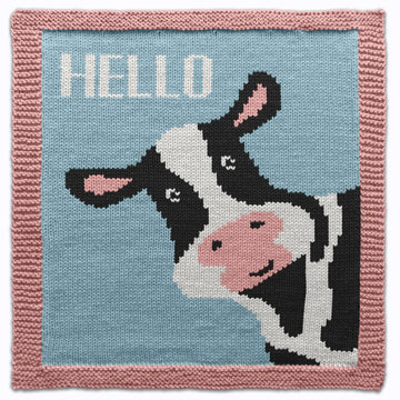 Hello Cow Square Knitting Pattern, Farm animal Intarsia Chart