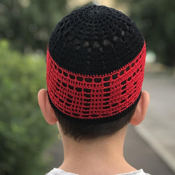 Crochet kufi cap with Greek key design