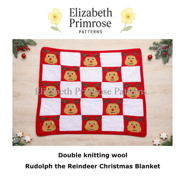 Rudolph Christmas Blanket Knitting Pattern with Basketweave Squares | P129 | Elizabeth Primrose Patterns