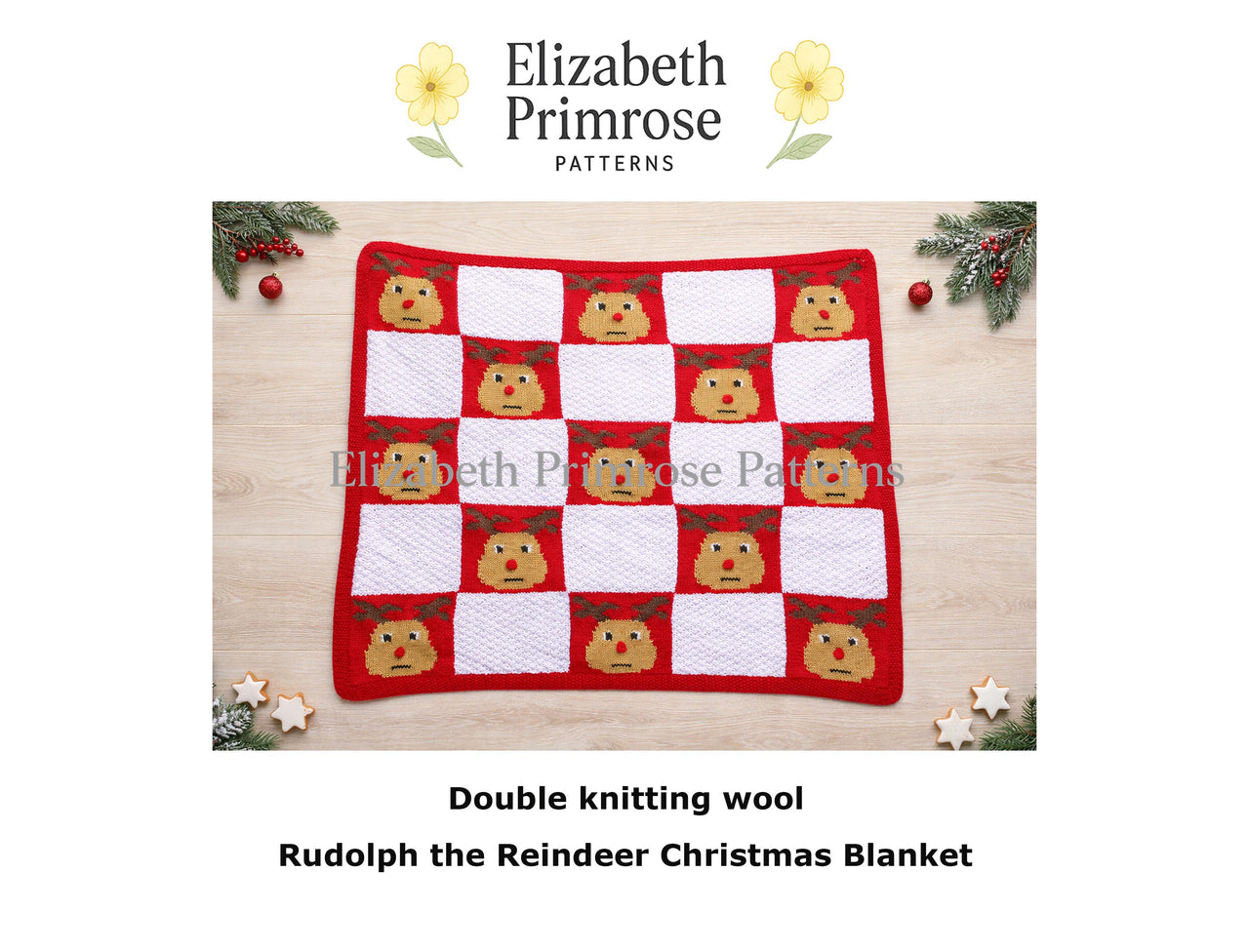 Rudolph Christmas Blanket Knitting Pattern with Basketweave Squares | P129 | Elizabeth Primrose Patterns