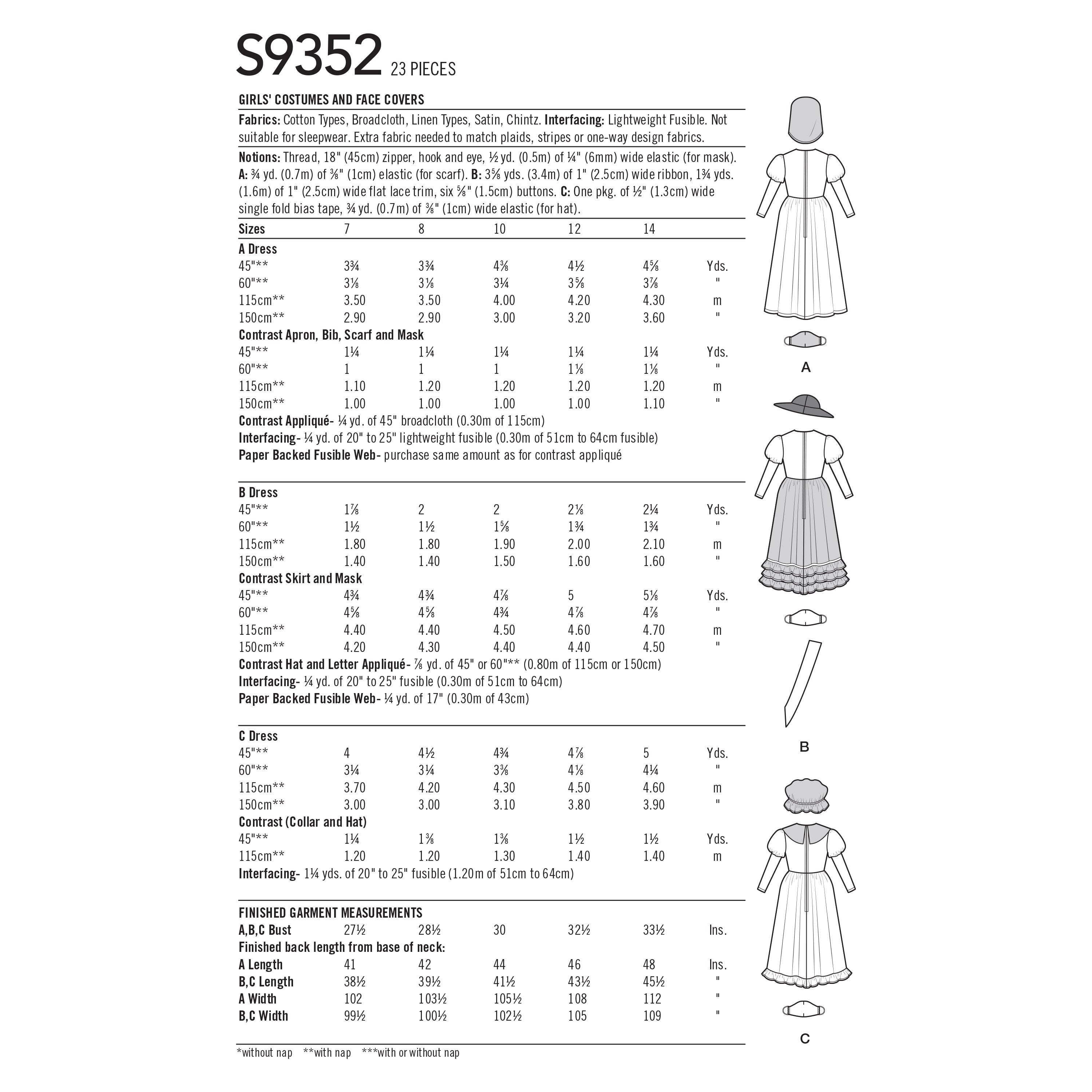 Simplicity Girls' Costumes and Face Covers S9352 - Sewing Pattern