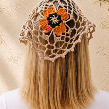 Boho Bandana with Floral Motif, Freeform Mesh and Filet Crochet Design (H8)