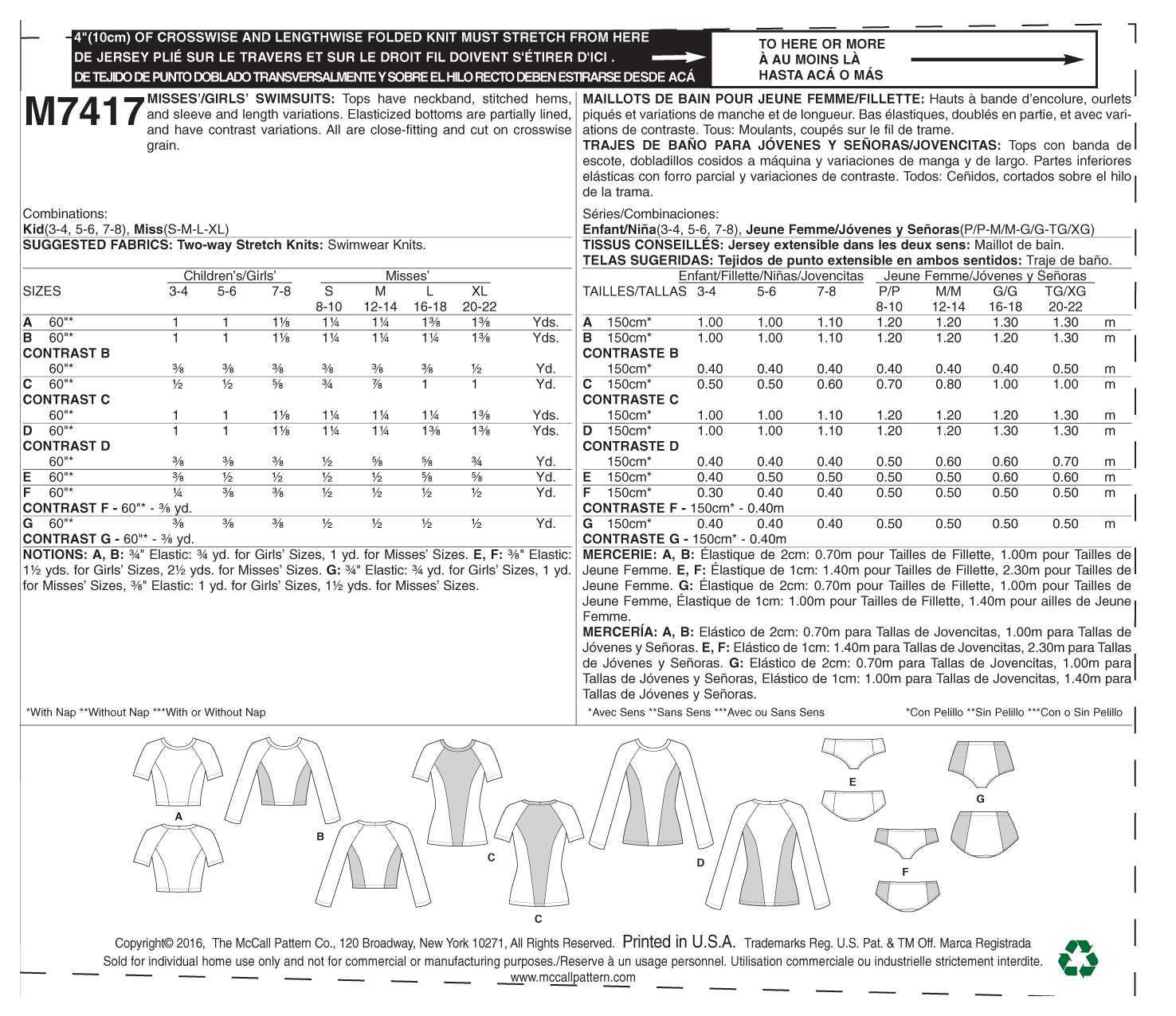 McCall's Misses'/Girls' Swimsuits M7417 - Sewing Pattern