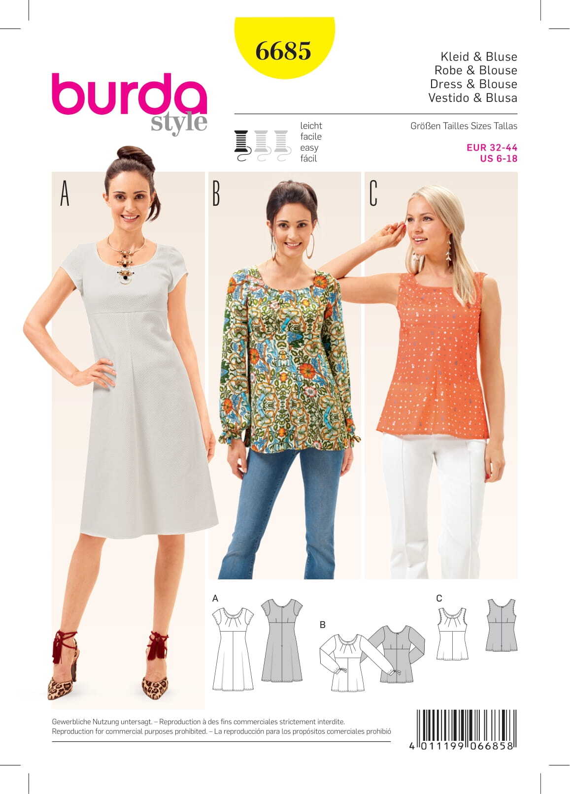 Burda Women's Dress & Blouse Sewing Pattern B6685 - Paper Pattern, Size 6-18