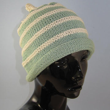 Stripe Roll Brim Topknot Beanie Hat