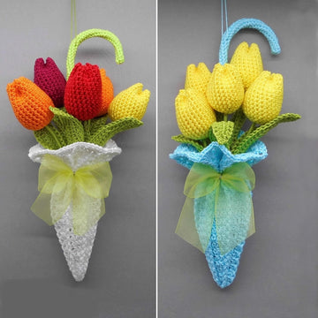 Spring door decor tulips in umbrella
