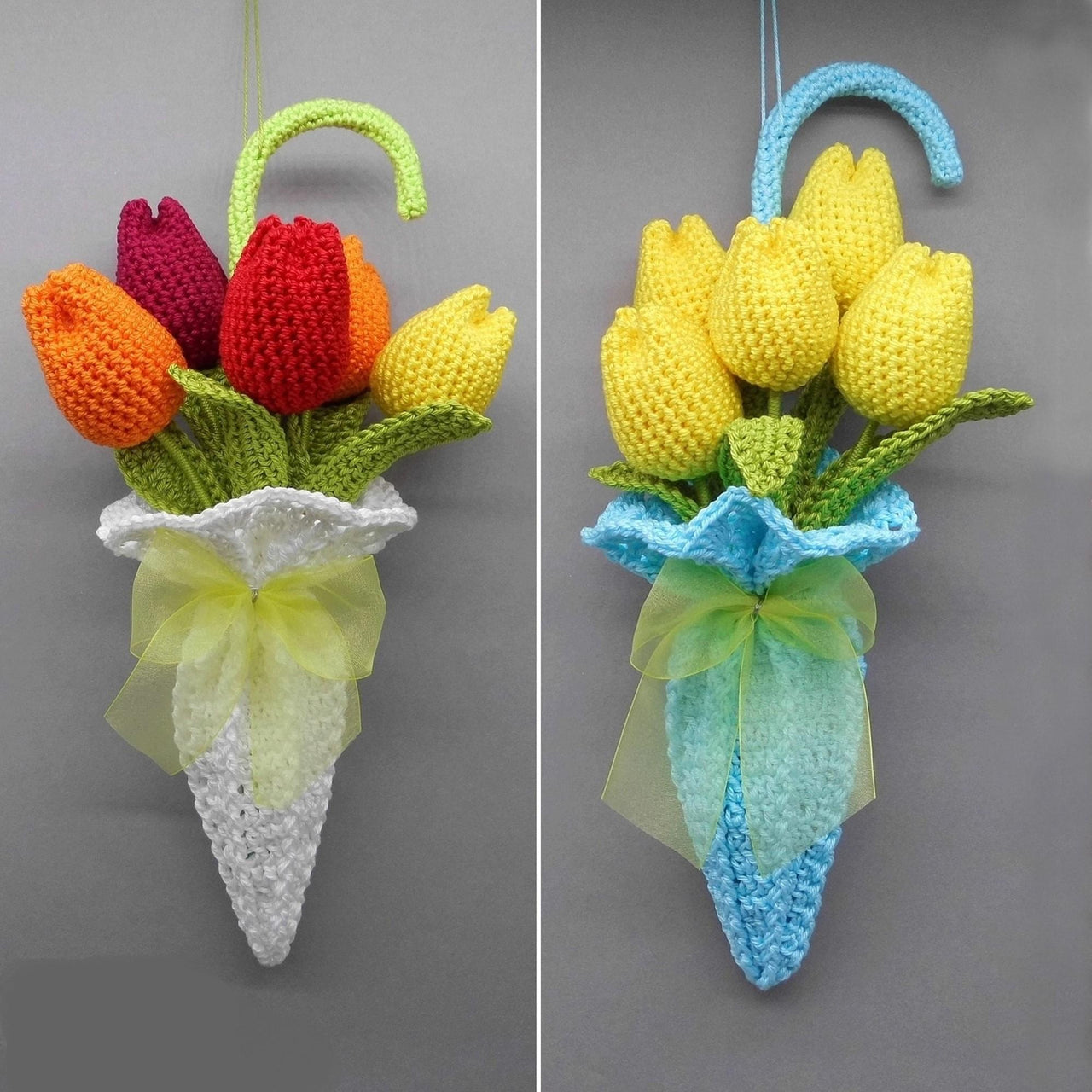 Spring door decor tulips in umbrella