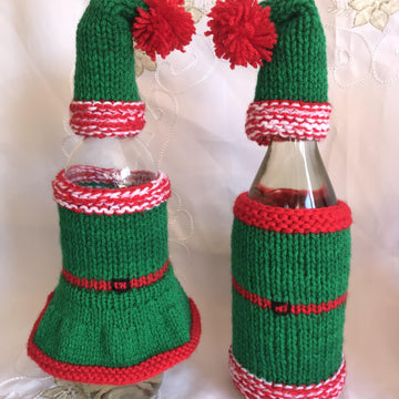 DK straight needles knitting pattern Santa and Elf Christmas wine bottle hat jacket & dress