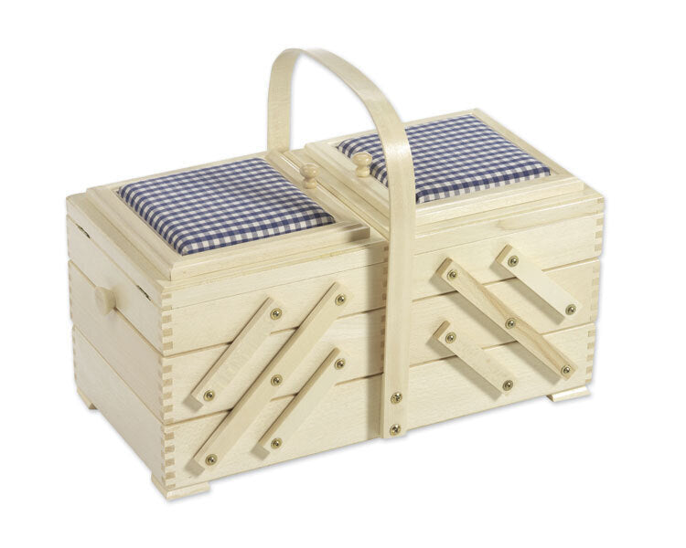 Cantilever Sewing Box with Blue Check Pin Cushions, Beech Wood