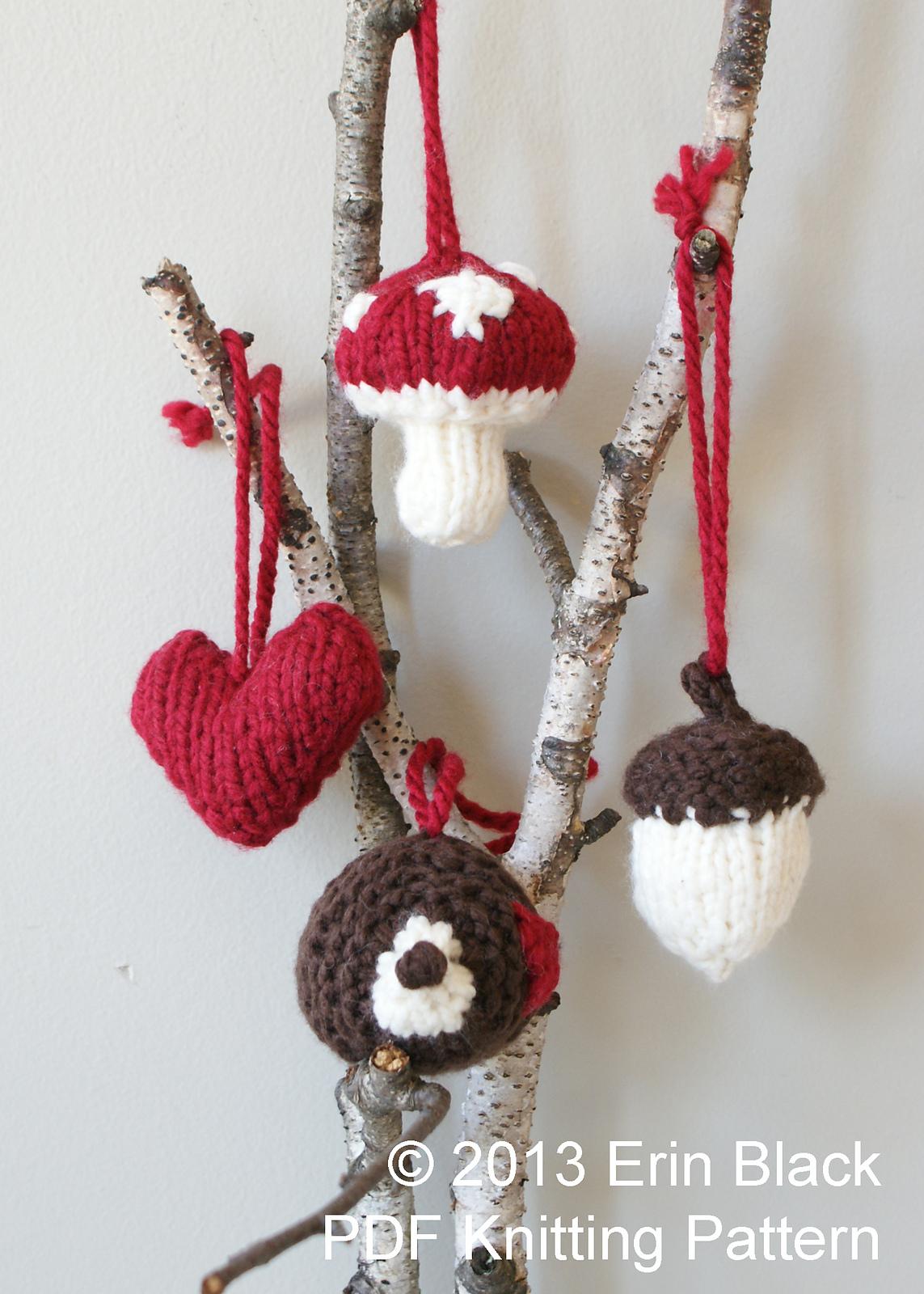 Chunky Knit Woodland Toy Ornaments: Mushroom, Acorn, Heart, Hedgehog (approx. 3")