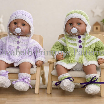 Plaited Petal Set – Cardigan, Hat & Bootees | P64 | Doll or Baby | Elizabeth Primrose Patterns