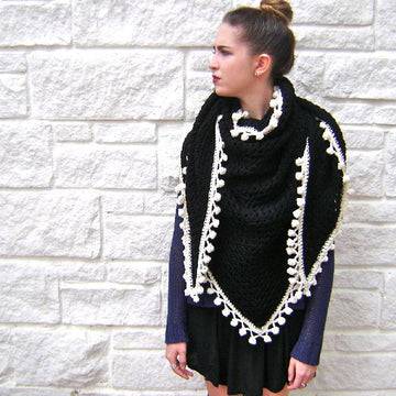 Midnight Granny Shawl with Pom Pom Fringe