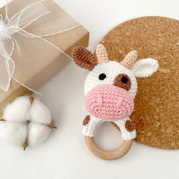 Cow crochet pattern Baby rattle toy Amigurumi farm animal Teether ring