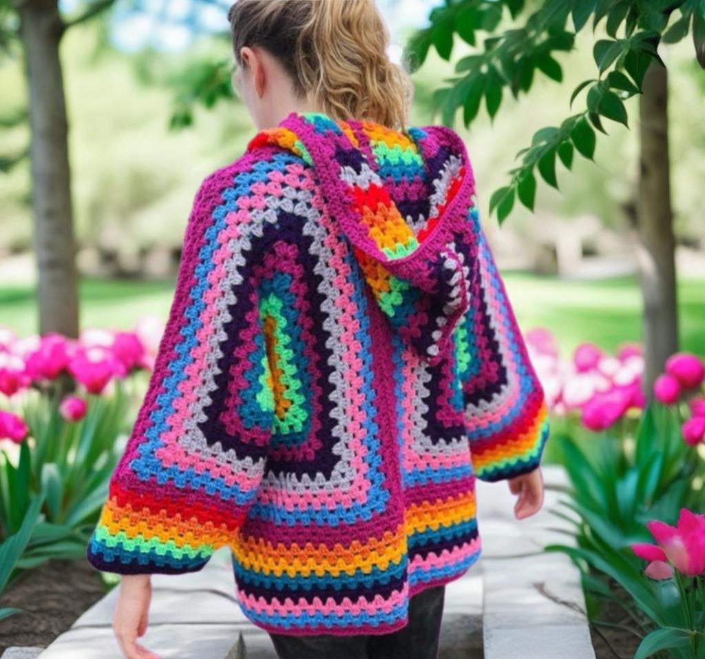 Hexagon Granny Square Crochet Hoodie Cardigan