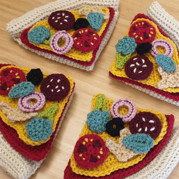 Pizza Set Tomato Sauce Cheese Slice Salami Broccoli Mushroom Olive Onion Crochet Amigurumi Food Stand Play Montessori