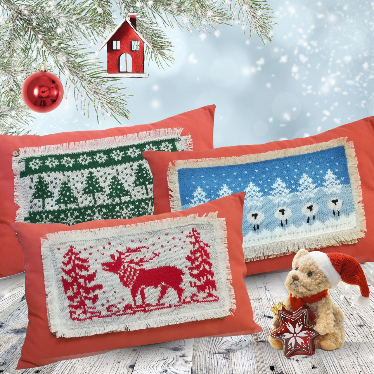Knitting pattern Interchangeable pillow panels to decorate your home for Christmas.