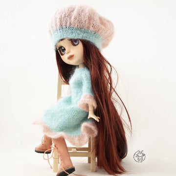 Mint and rose outfit for doll knitted flat