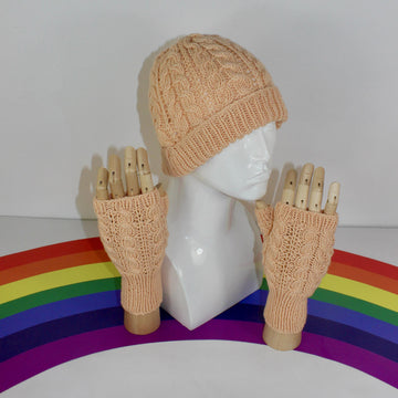 Adult Teen Aran Double cable Beanie Hat & Fingerless Gloves Circular