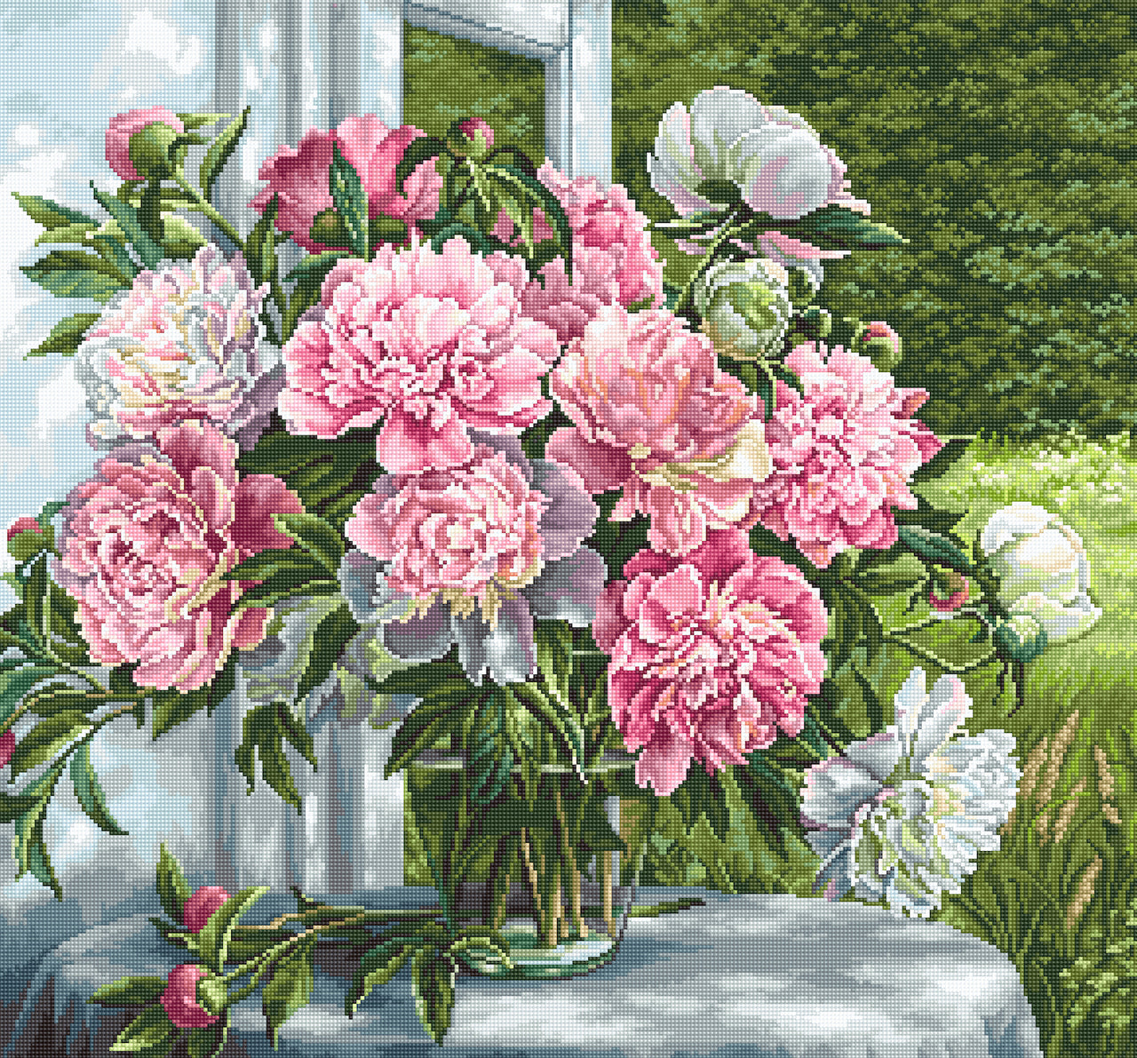 Luca-S Peonies by the Window Cross Stitch Kit - 41cm x 38cm