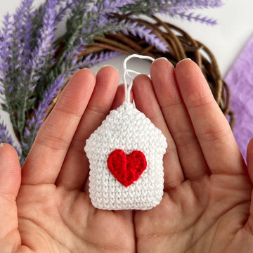 Crochet house with heart Amigurumi pattern Valentine ornament Crochet keyring charm Car hanger