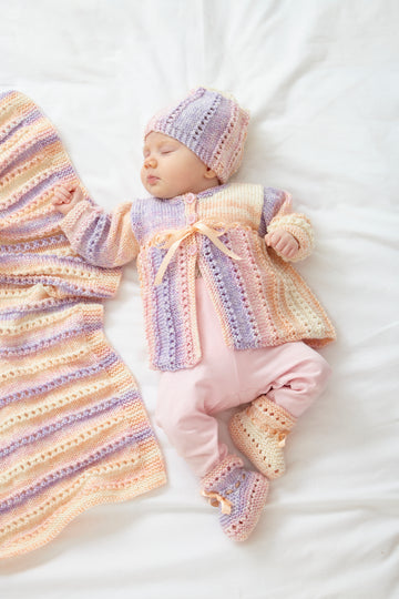 Babies Cardigan, Matinee Coat, Hat, Booties and Blanket in King Cole Cutie Pie DK - P6029 - Leaflet