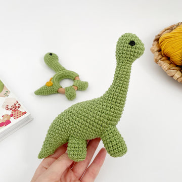 Crochet dinosaur Brontosaurus toy and baby teething rattle amigurumi pattern