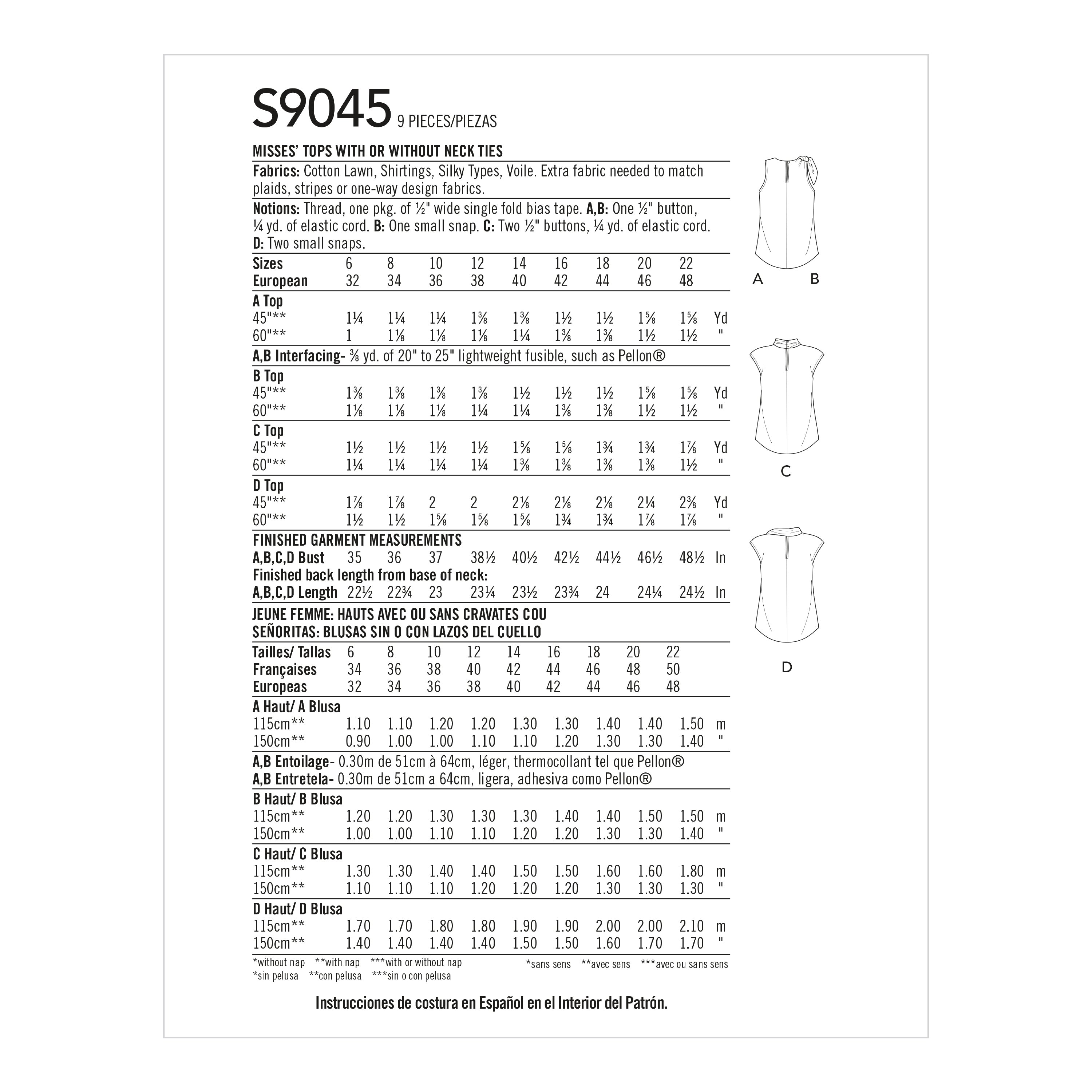 Simplicity Misses' Tops With Optional Neck Ties S9045 - Sewing Pattern