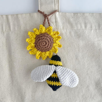 Sunflower with bee crochet pattern Car hanger, Bag charm amigurumi keyring