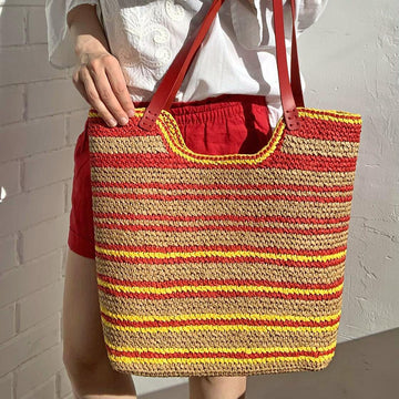 Crochet Raffia Beach Bag Pattern, Striped Tote with Leather Handles