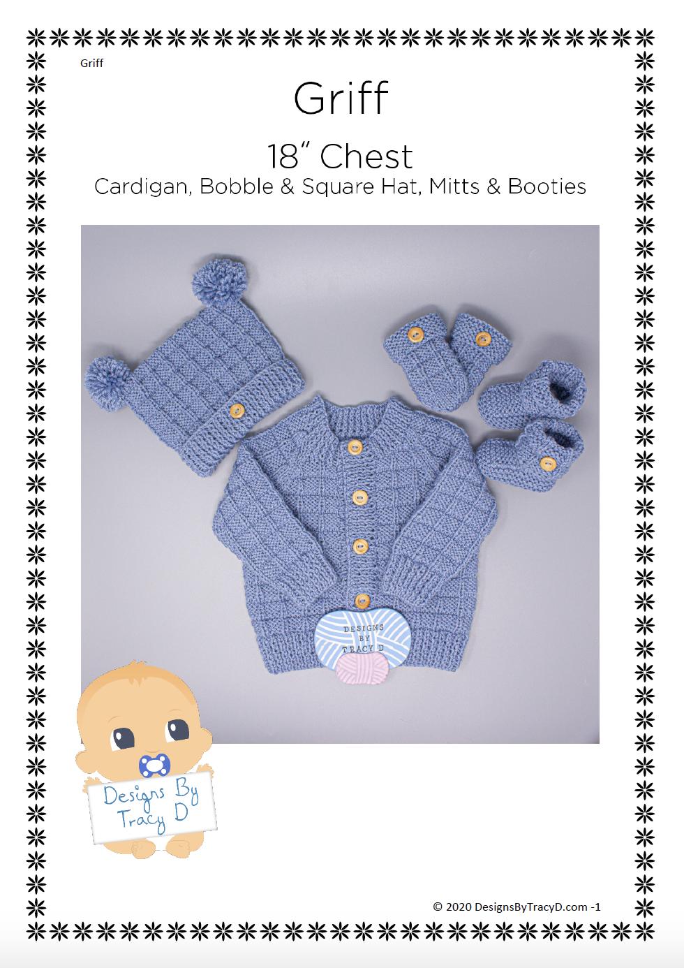 Griff Cardigan, 2 Hats, Booties & Mitts 18" chest knitting pattern