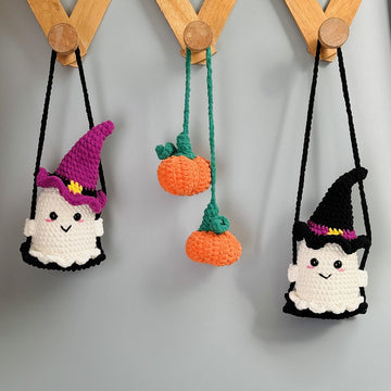 Ghost Witch Hats Sit on Swing Pumpkins crochet