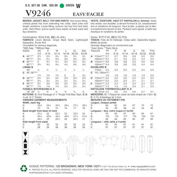 Vogue Misses' Drop-Shoulder Jackets, Belt, Top with Yokes, and Pull-On Pants V9246 - Sewing Pattern