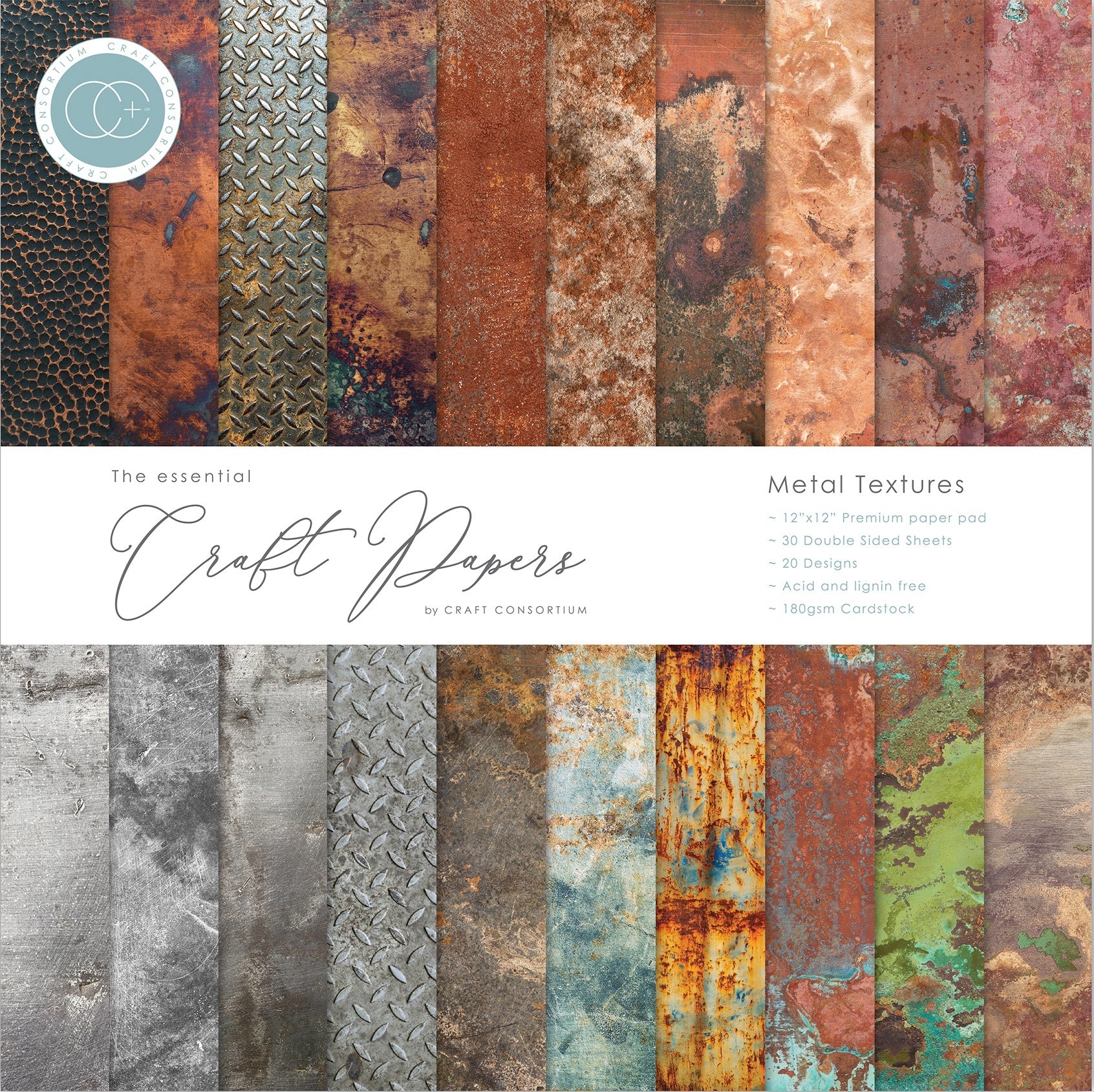 Craft Consortium Double-Sided Paper Pad 12"X12" 30/Pkg - Metal Textures, 20 Designs