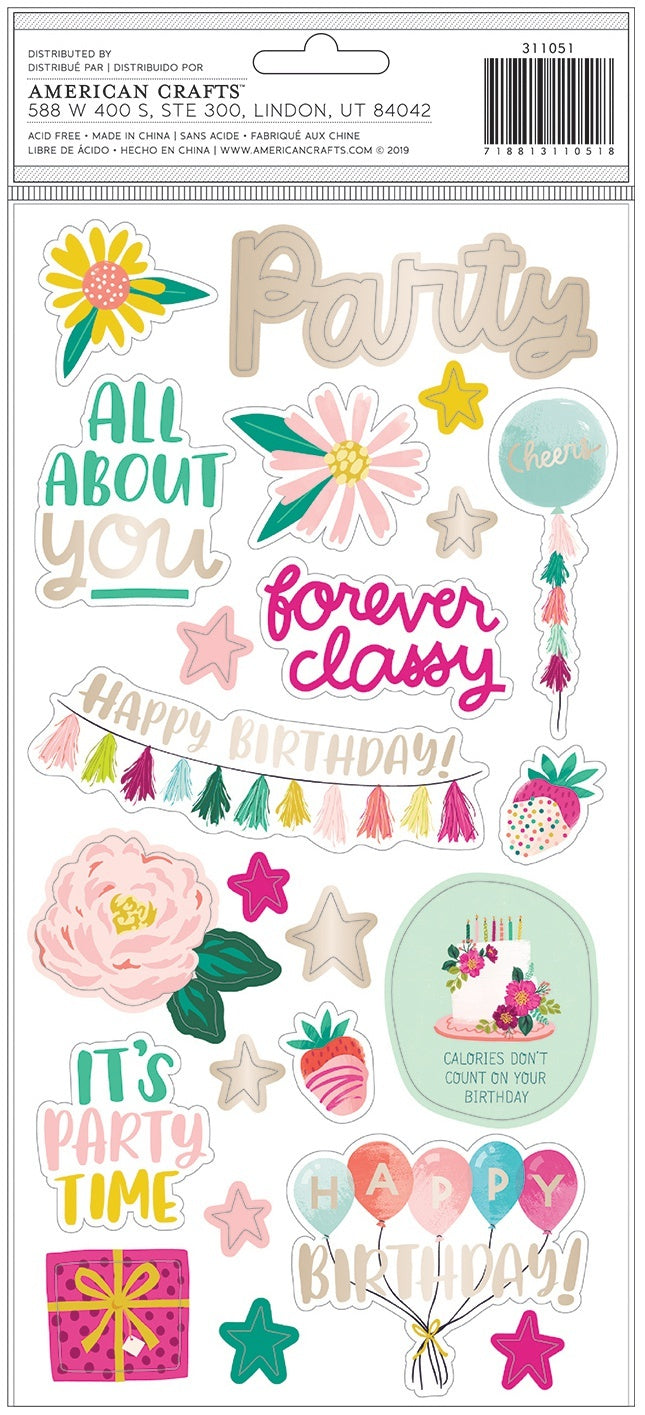 American Crafts And Many More Thickers Stickers 42/Pkg - Party Time Phrase/Foam & Chipboard