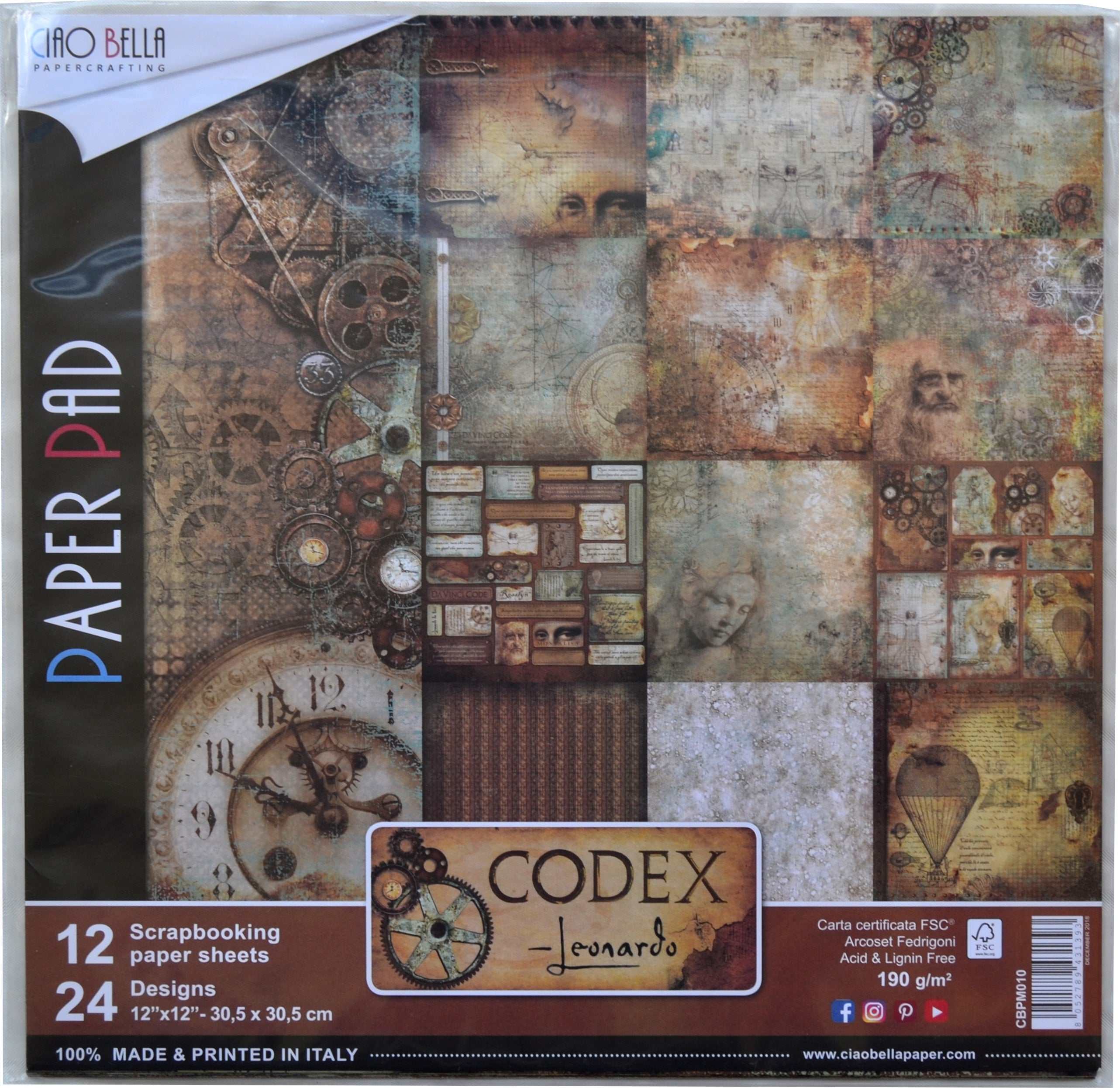 Ciao Bella Double-Sided Paper Pack 90lb 12"X12" 12/Pkg - Codex Leonardo, 12 Designs/1 Each