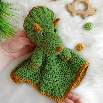 Crochet dinosaur pattern, triceratops security blanket
