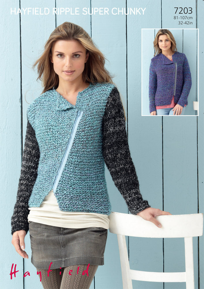 Woman’s Asymmetric Zip Fastener Jacket in Hayfield Ripple Super Chunky - 7203 - Downloadable PDF