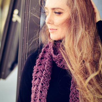 Aubergine crochet scarf with fringe